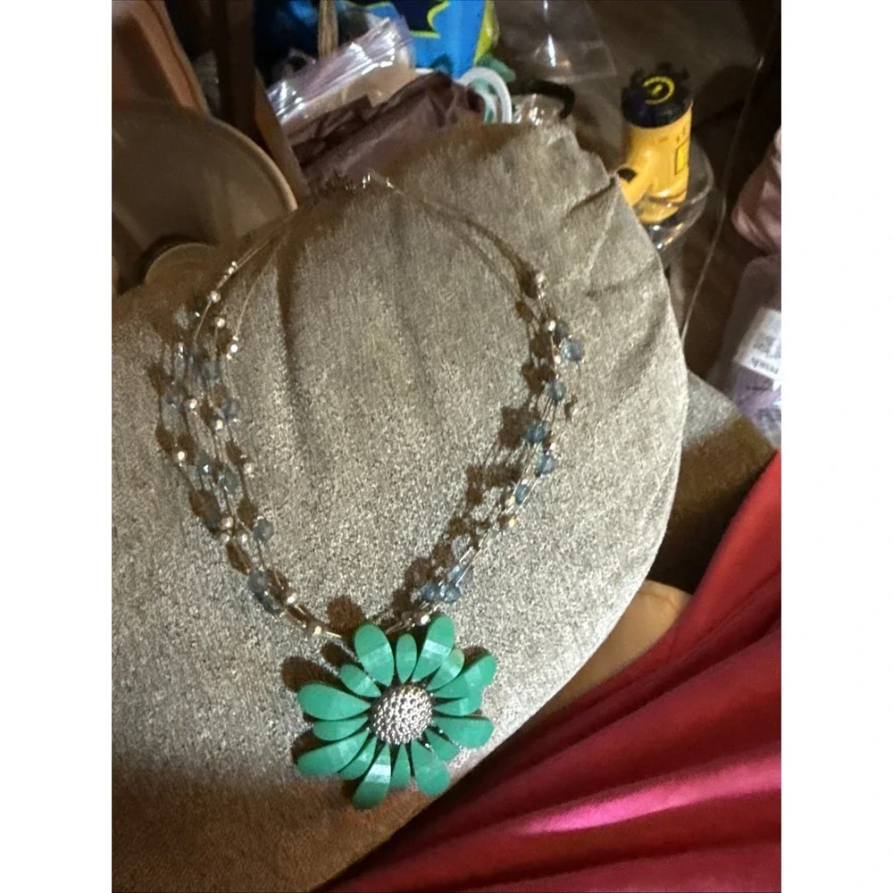 Blue Green Flower Jewelry Necklace Beaded Choker Pre Owned